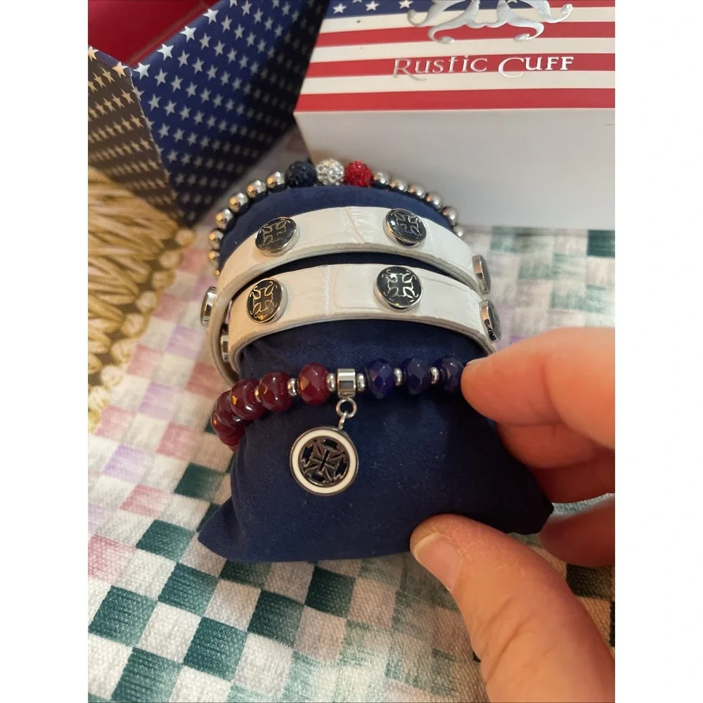 Lot Of 3 Patriotic USA Red White & Blue Rustic Cuff bracelets 1‎ Leather 2 Beads - Picture 2 of 6